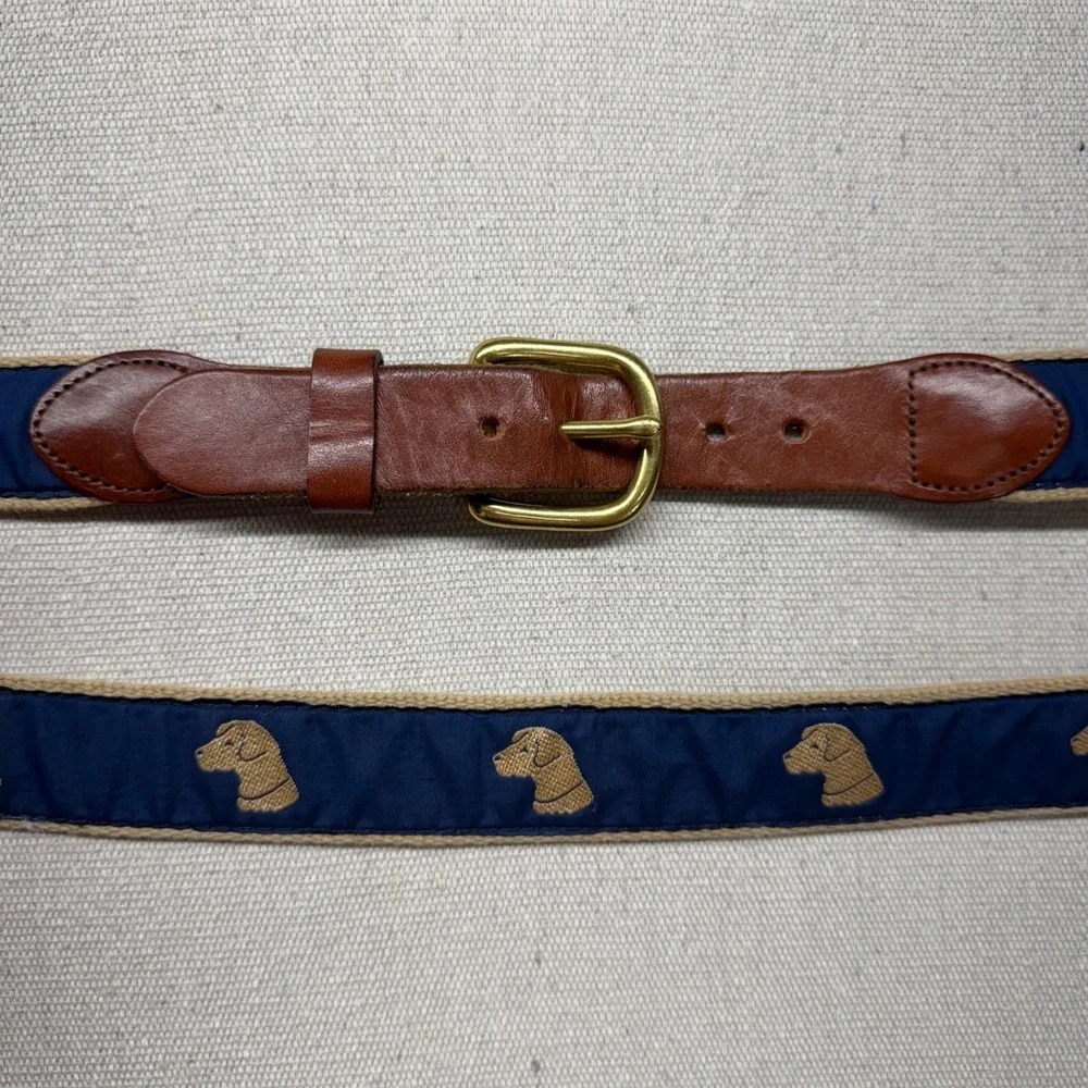 Vintage Surcingle Belt Navy Tan Canvas Leather Lab Dog Head Embroidery Size 42